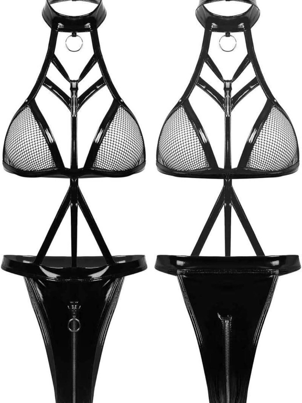 NWOT Strappy Mesh & Patent Faux Leather Bondage Teddy - Black